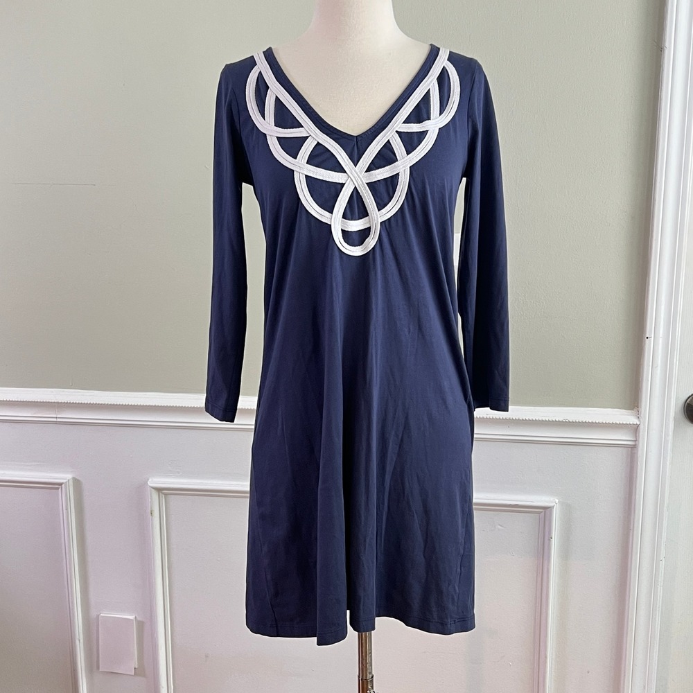 Lilly Pulitzer T-Shirt Dress Womens S Pima Cotton 3/4 Sleeve Blue Lattice V-Neck